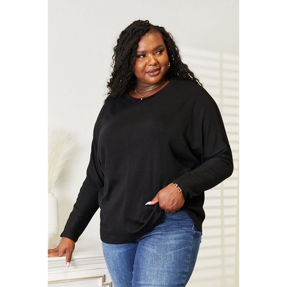 Seam Detail Round Neck Long Sleeve Top Solid BLACK PLUS SIZE - Picture 2 of 9
